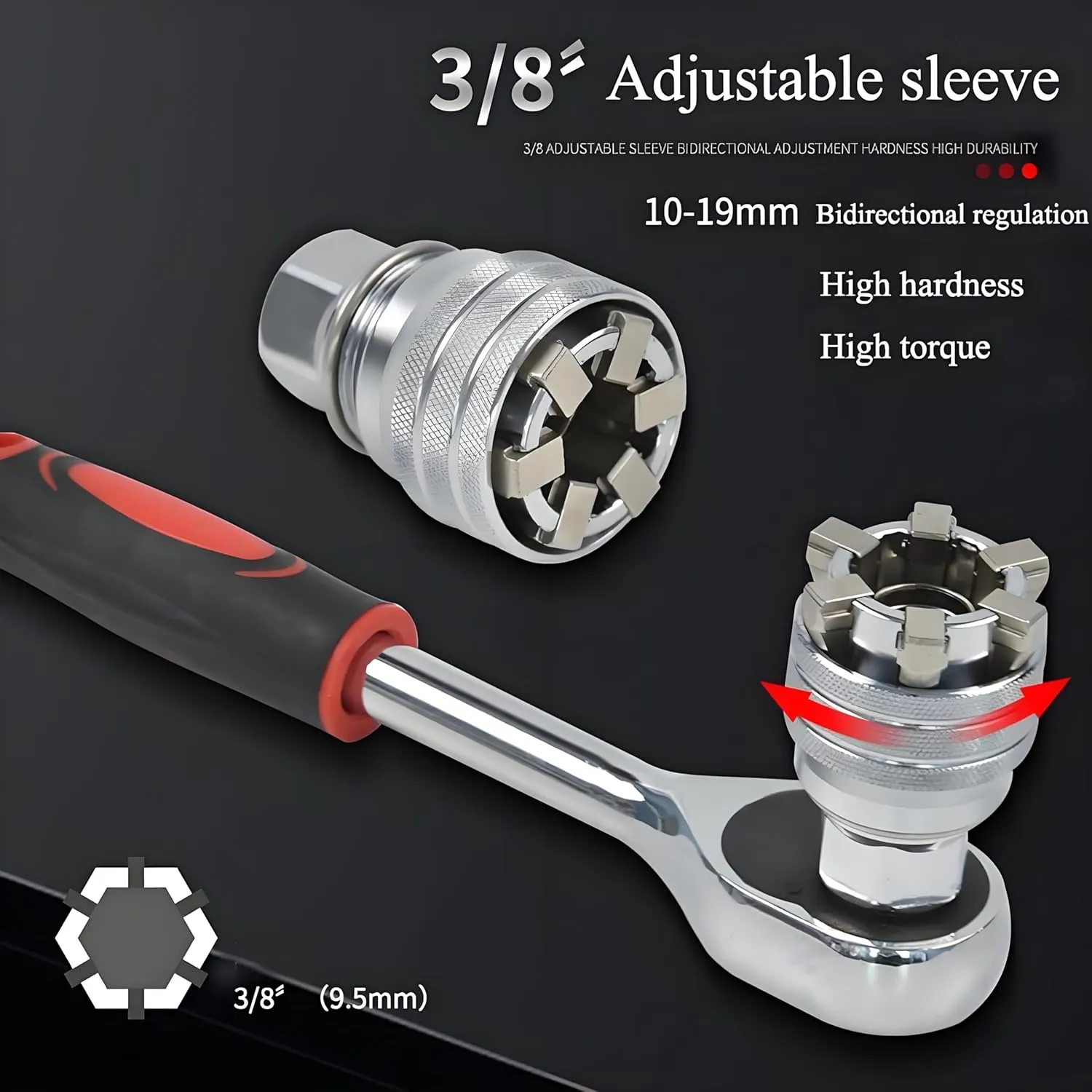 Upgraded Adjustable Universal Socket Wrench, Manual Socket Wrench, Multifunctional Sleeve, 10mm-19mm Universal Sockets Tools for 3/8" Drive Ratchet Torque Wrench and Power Drill