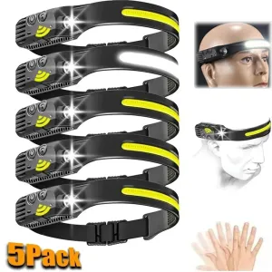 USB Rechargeable COB Induction Headlamp, Sensor Head Flashlight, Waterproof, 5 Modes, 1-10pcs