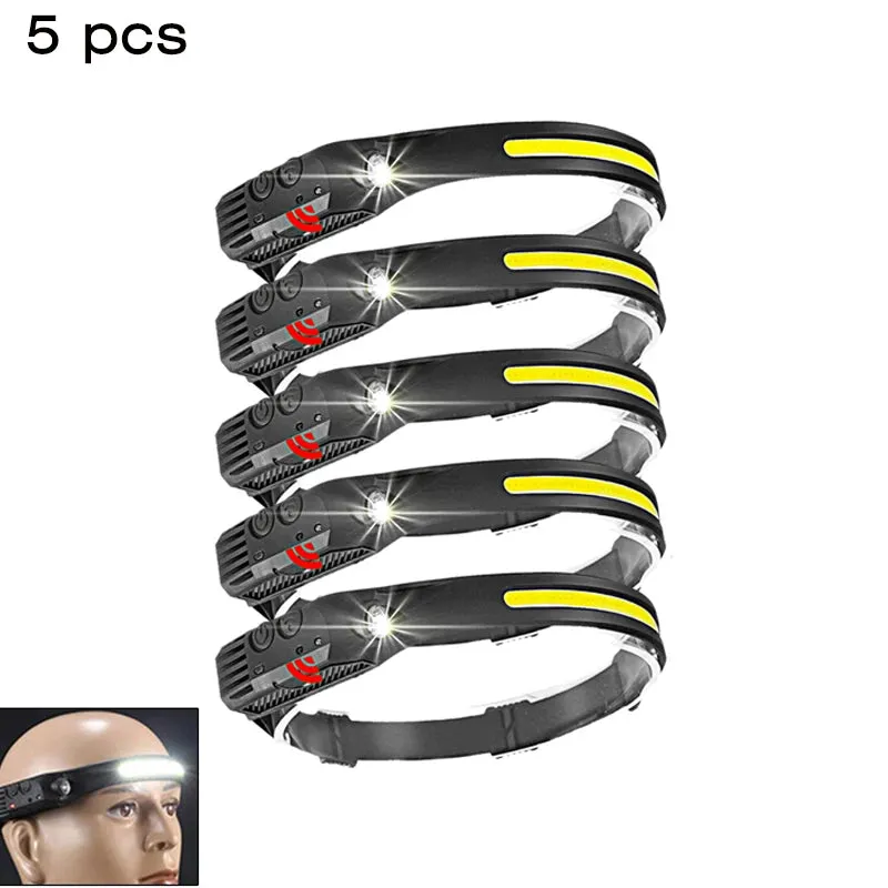 USB Rechargeable COB Induction Headlamp, Sensor Head Flashlight, Waterproof, 5 Modes, 1-10pcs