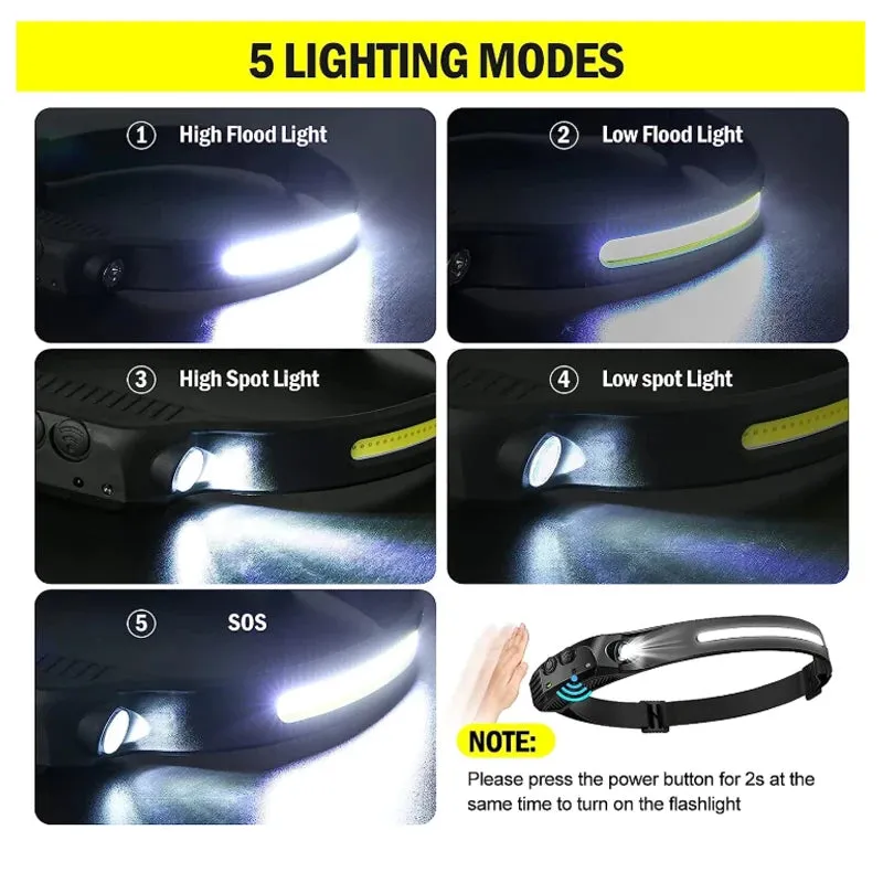USB Rechargeable COB Induction Headlamp, Sensor Head Flashlight, Waterproof, 5 Modes, 1-10pcs