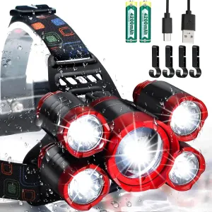 USB Rechargeable Headlamp 12000 Lumen Ultra Bright LED Work Headlight, 4 Modes Waterproof Head Lamp Best Headlamps for Adults, Camping, Outdoors & Hard Hat Work Zoomable Headlight (Red)