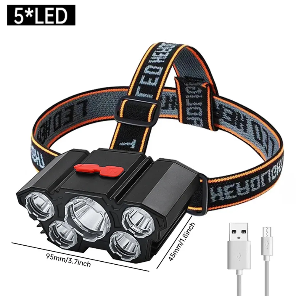 USB Rechargeable LED Headlight, Super Bright with 5 Working Modes, Long-Distance Headlamp, Waterproof Head-Mounted Flashlight