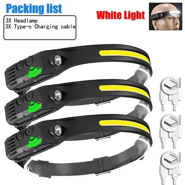 USB Rechargeable LED Sensor Headlamp COB Headlight Torch Waterproof Light for Fishing Camping