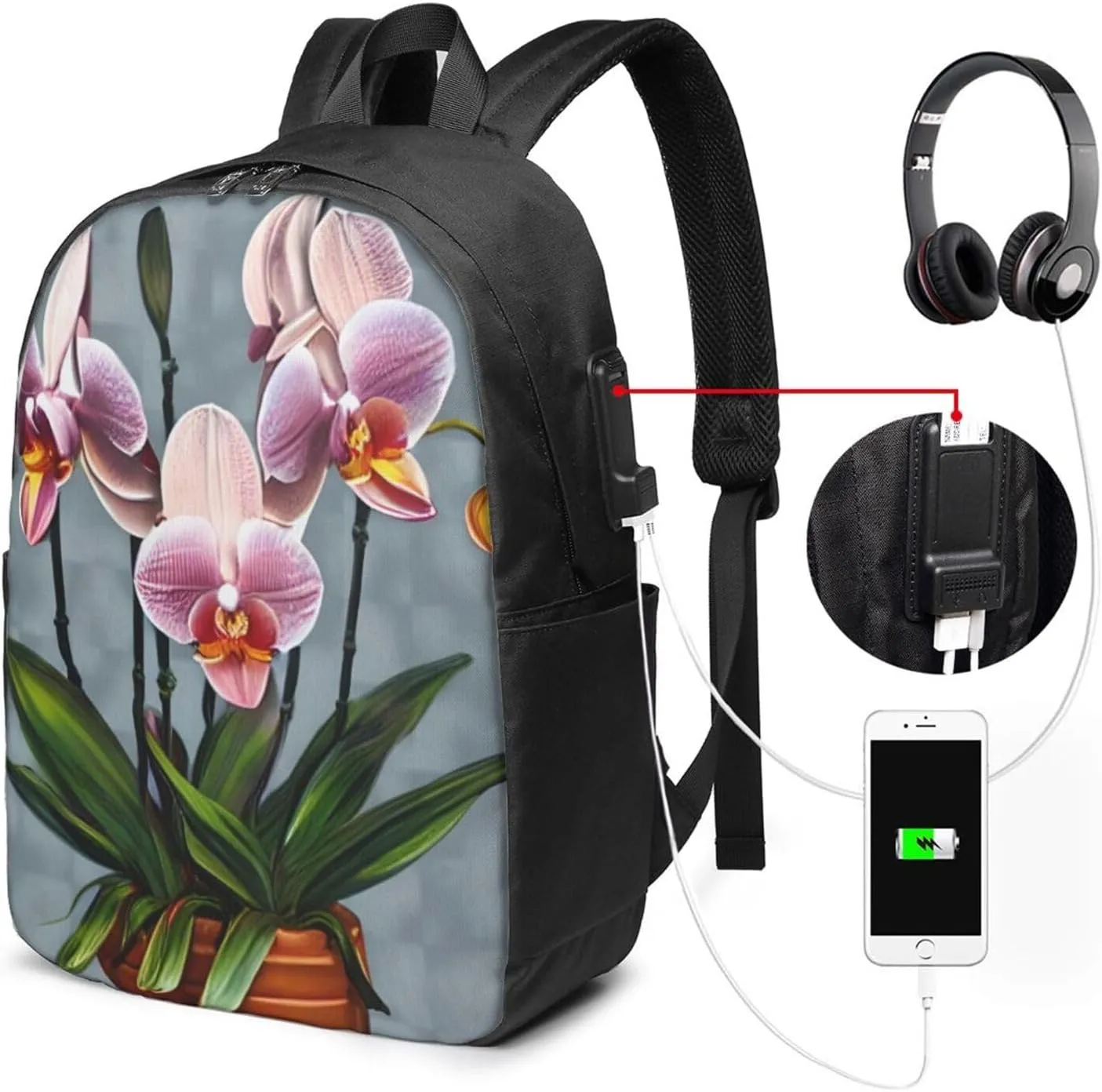 vacsAX Durable Ergonomic Backpack With - Large Capacity With USB Ports - Perfect For Women Men Blooming Orchids