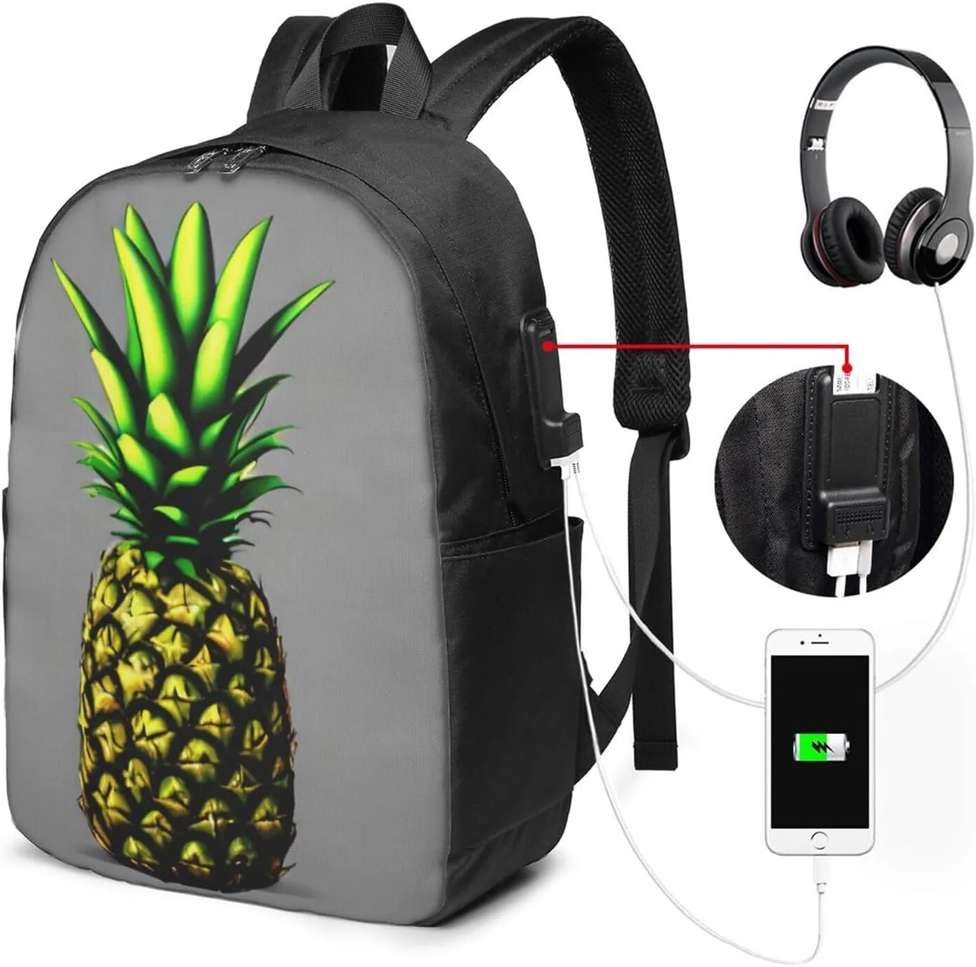 vacsAX Durable Ergonomic Backpack With - Large Capacity With USB Ports - Perfect For Women Men Cartoon Pineapple