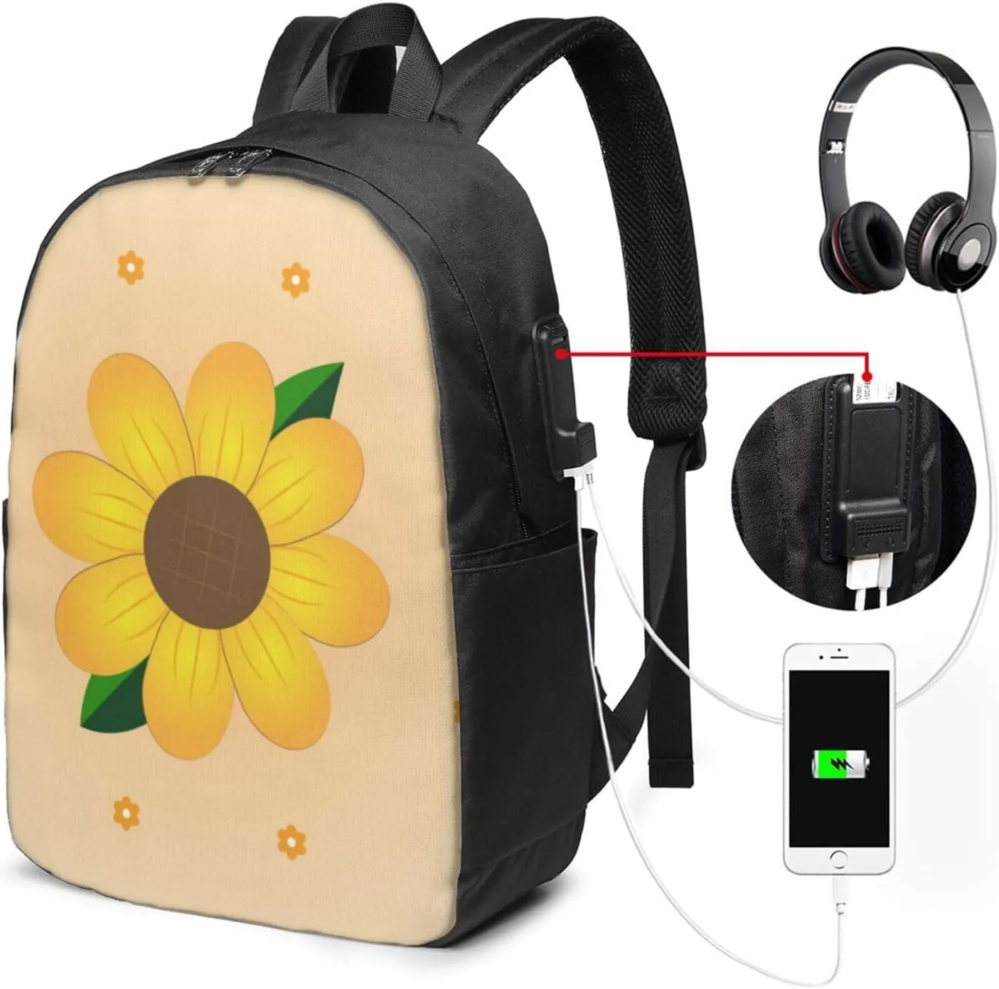 vacsAX Durable Ergonomic Backpack With - Large Capacity With USB Ports - Perfect For Women Men Golden Sunflower