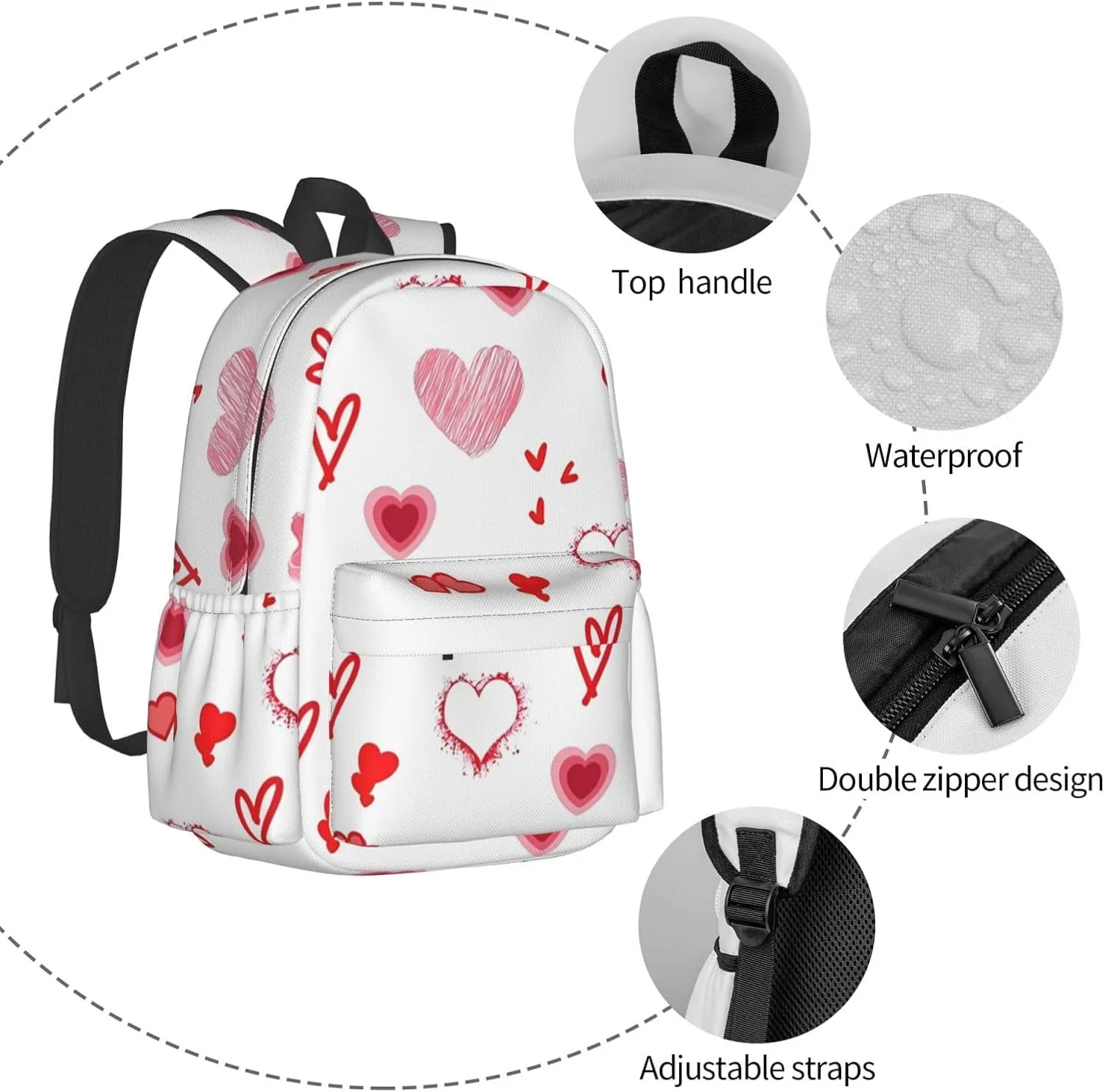 Valentine's Day. Love Hearts Backpack Casual Laptop Backpack Large Capacity Double Shoulder Bag Travel Daypack For Women Men