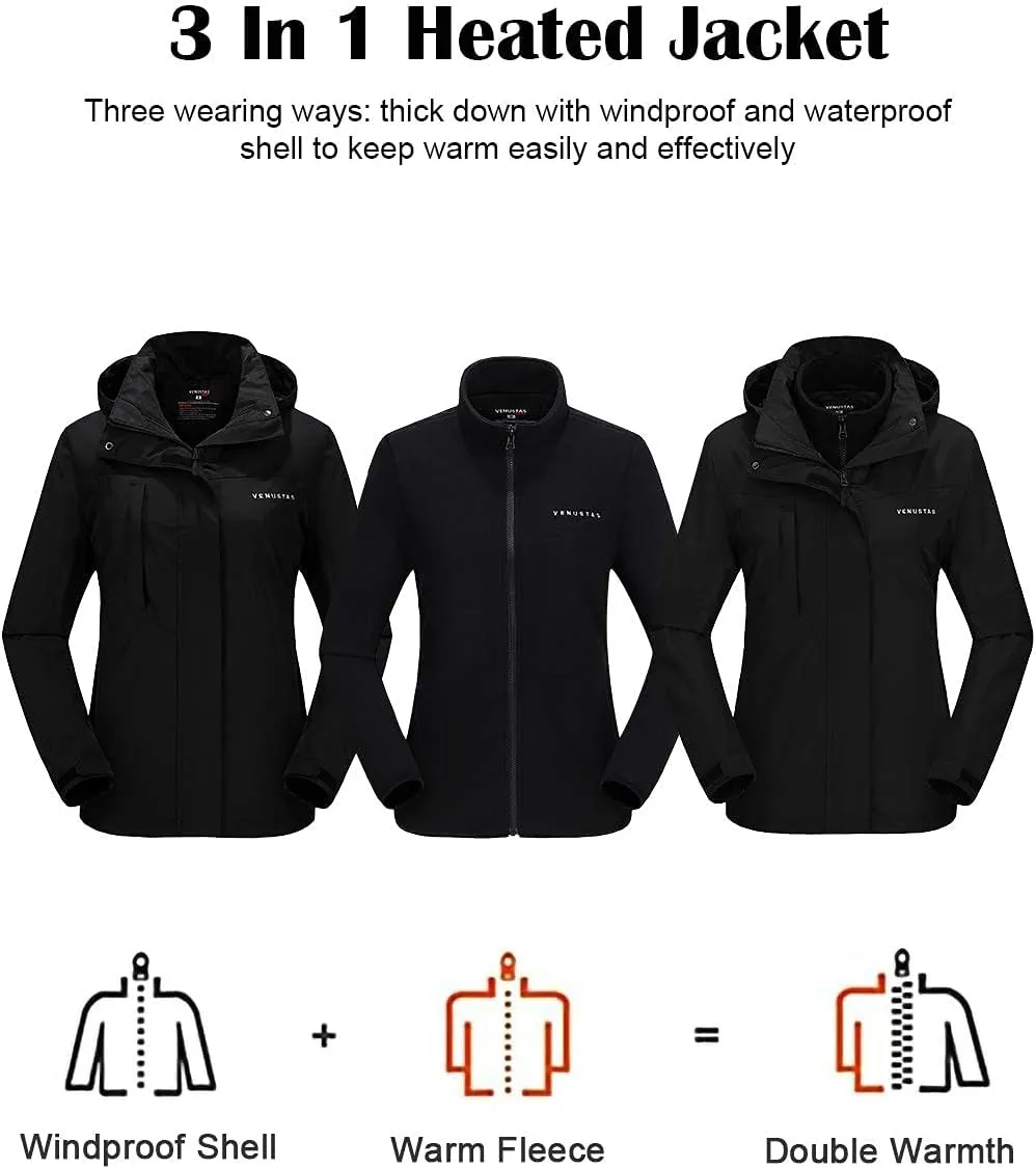 Venustas Women’s 3-in-1 Heated Jacket with Battery, Waterproof Jacket with Hood for Skiing