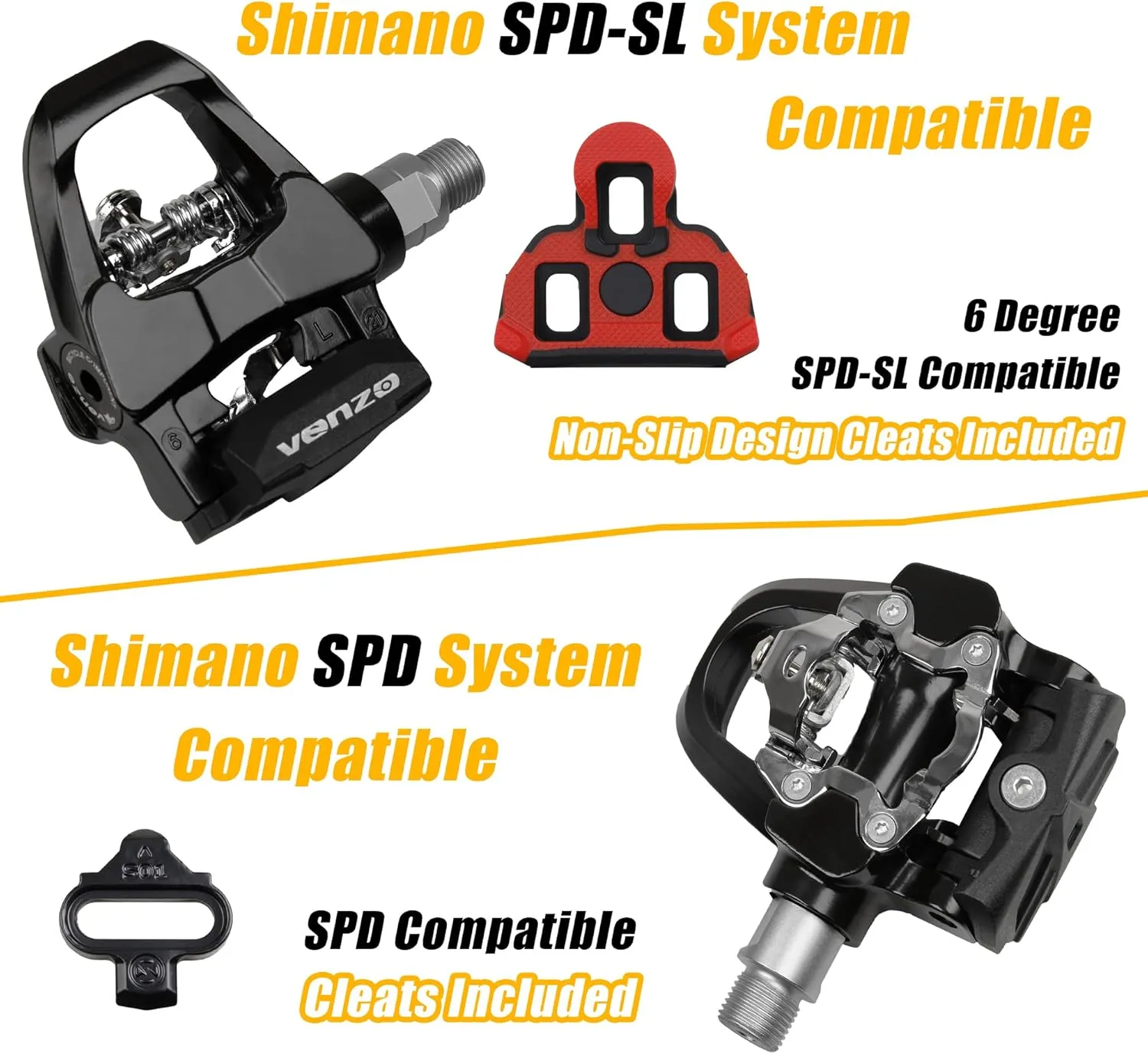 Venzo Compatible with Shimano SPD-SL & Shimano SPD System for Indoor Fitness Exercise Bike Bicycle Pedals & Cleats with 9/16" Heavy Duty Spindles Sealed Bearing