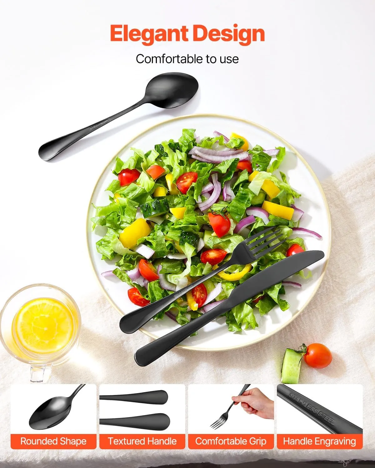 VEVOR 30-Piece Black Silverware Set, Food-Grade Stainless Steel Flatware Utensils for 6, Mirror Finished Cutlery Set, Dishwasher Safe Eating Tableware for Kitchen Home, Include Knife Fork Spoon