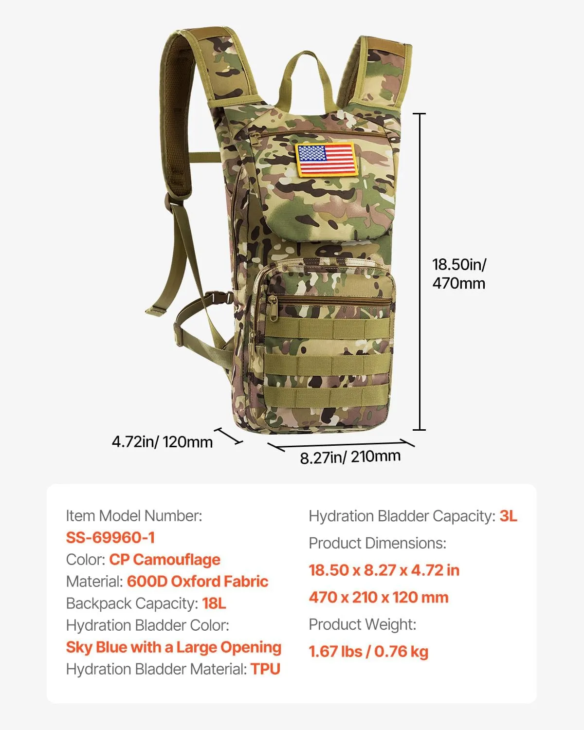 VEVOR Hydration Backpack, Water Backpack with TPU Water Bladder, Tactical Molle Hiking Hydration Pack with Storage for Men Women, Hydro Water Daypack for Hiking Running Cycling Camping