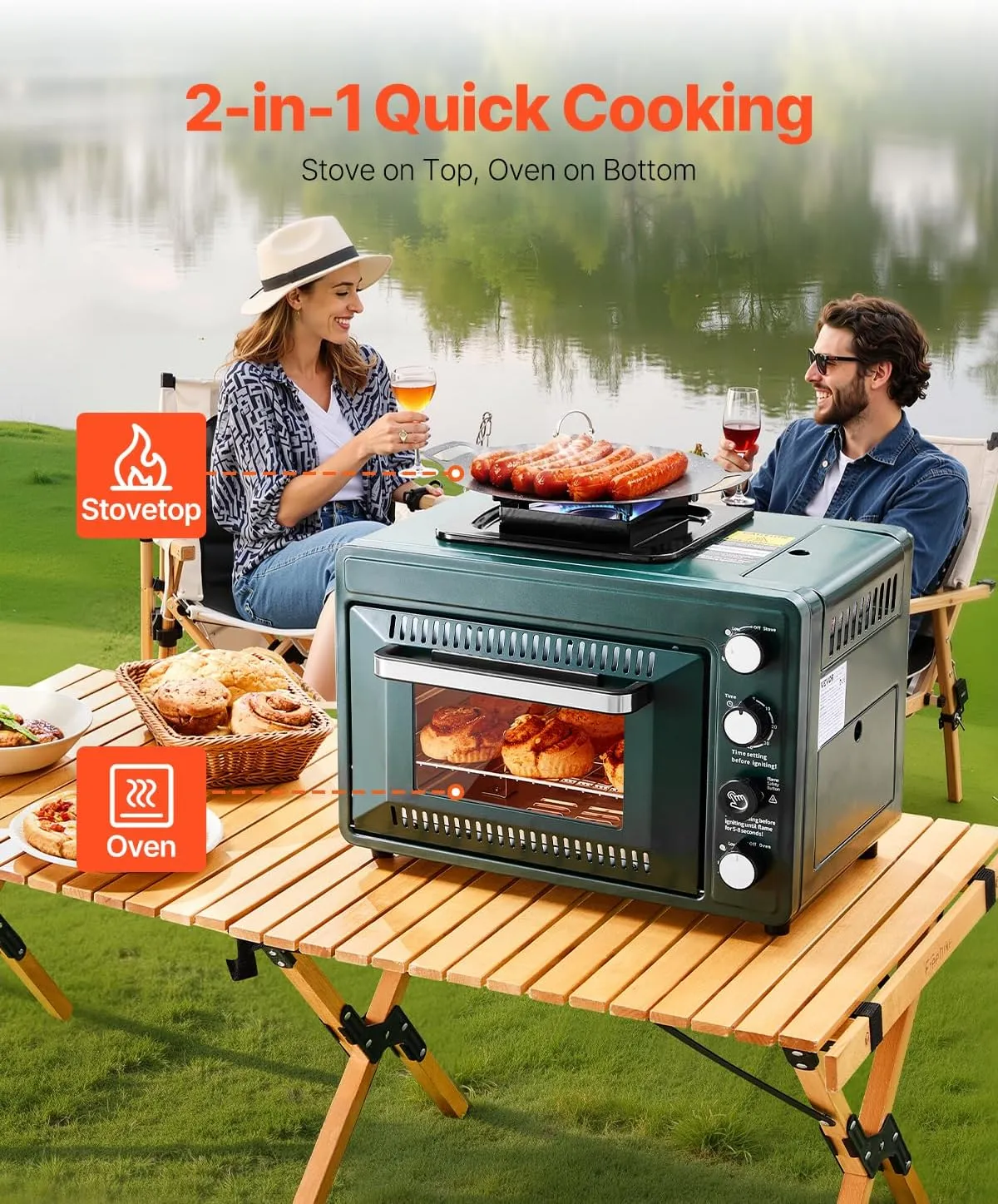 VEVOR Outdoor Camping Oven, 2-in-1 Portable Gas Camping Stove Oven Combo, Adjustable Fire, 60-Minute Timer, Windproof, for Camping Backyard Picnic Outdoor Cooking, Universal Butane Canister Compatible