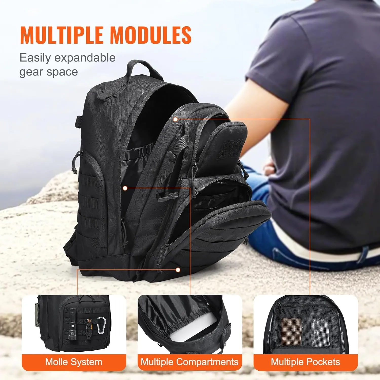 VEVOR Tactical Pack, 40L Military Pack with Molle Design and Laptop Compartment, Waterproof Tactical Pack for Men, Army Pack Bag Day Pack for Camping, Hiking, Gym