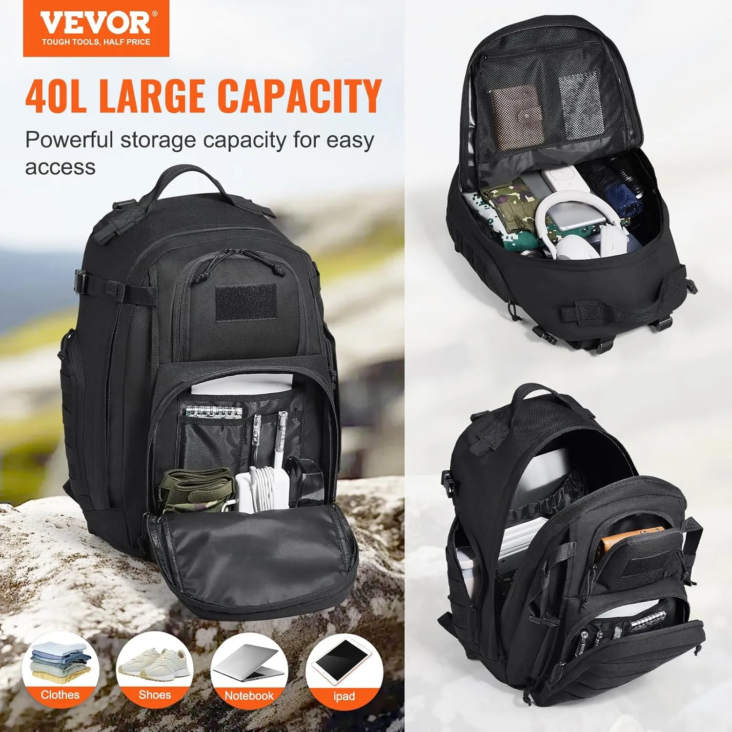 VEVOR Tactical Pack, 40L Military Pack with Molle Design and Laptop Compartment, Waterproof Tactical Pack for Men, Army Pack Bag Day Pack for Camping, Hiking, Gym