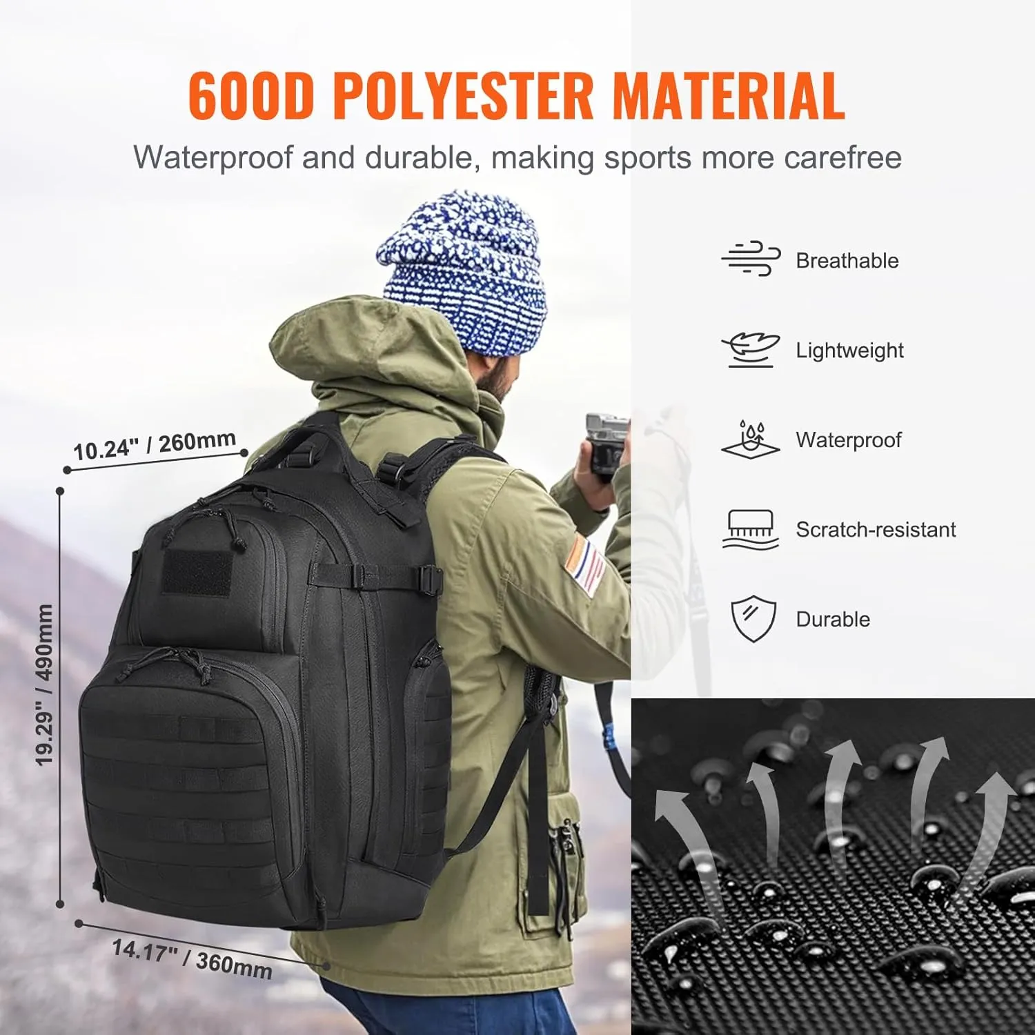 VEVOR Tactical Pack, 40L Military Pack with Molle Design and Laptop Compartment, Waterproof Tactical Pack for Men, Army Pack Bag Day Pack for Camping, Hiking, Gym