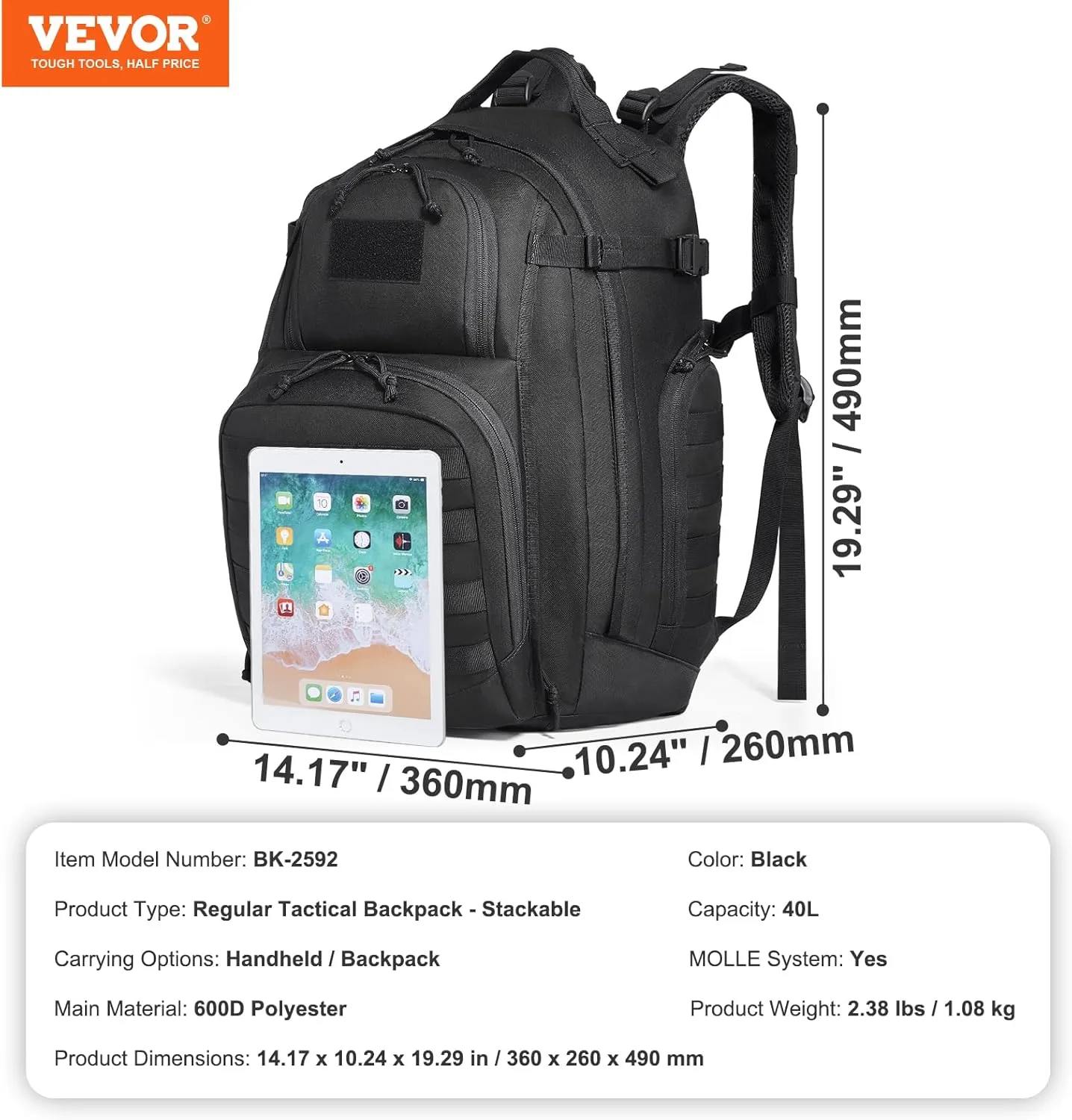 VEVOR Tactical Pack, 40L Military Pack with Molle Design and Laptop Compartment, Waterproof Tactical Pack for Men, Army Pack Bag Day Pack for Camping, Hiking, Gym
