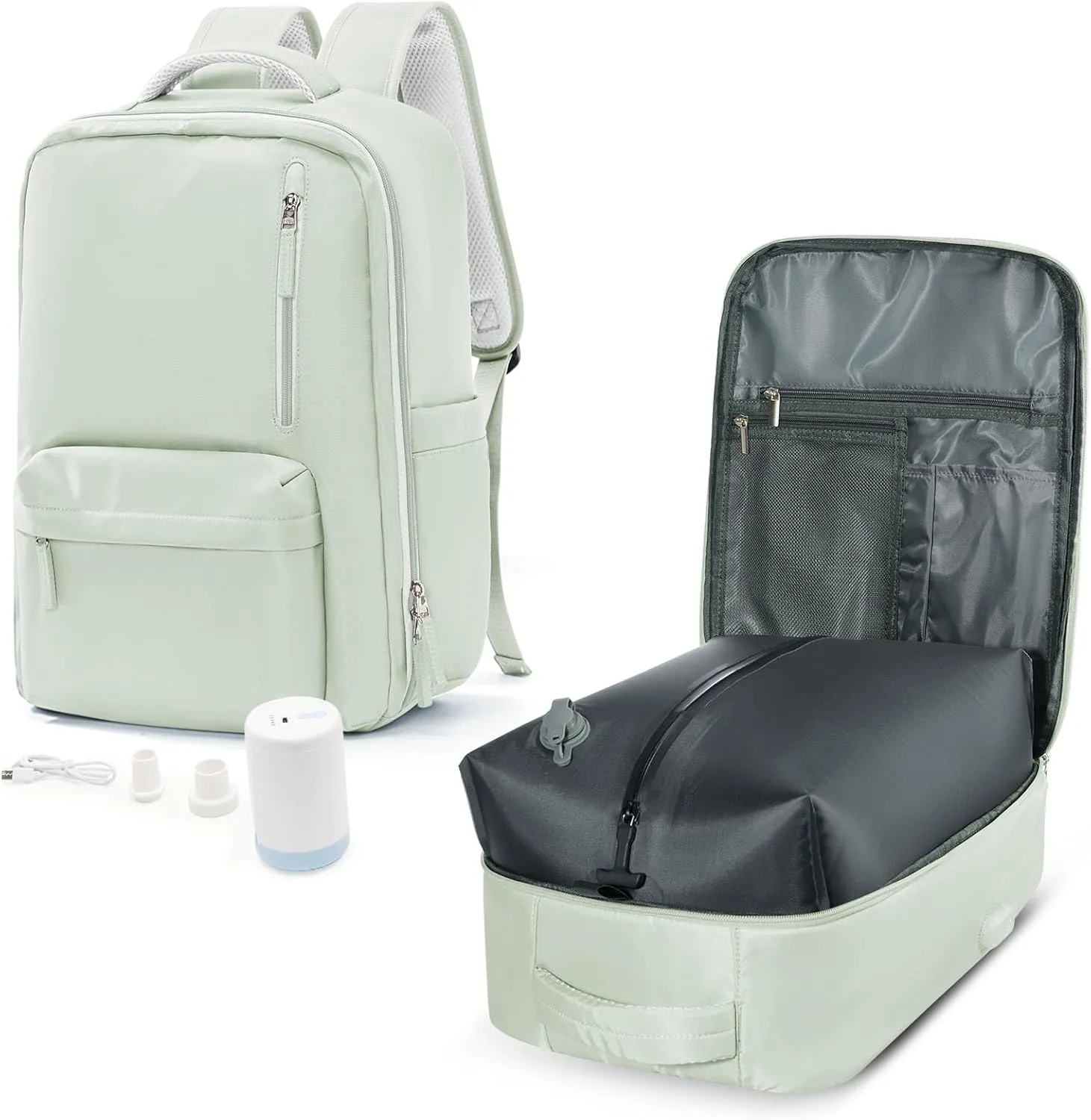 VGCUB Large Travel Backpack with Vacuum System Carry on Storage Compression Personal Item Bags with Electric Pump Work Business Vacpack College Airback lightweight Backpack for Women Men Mint green