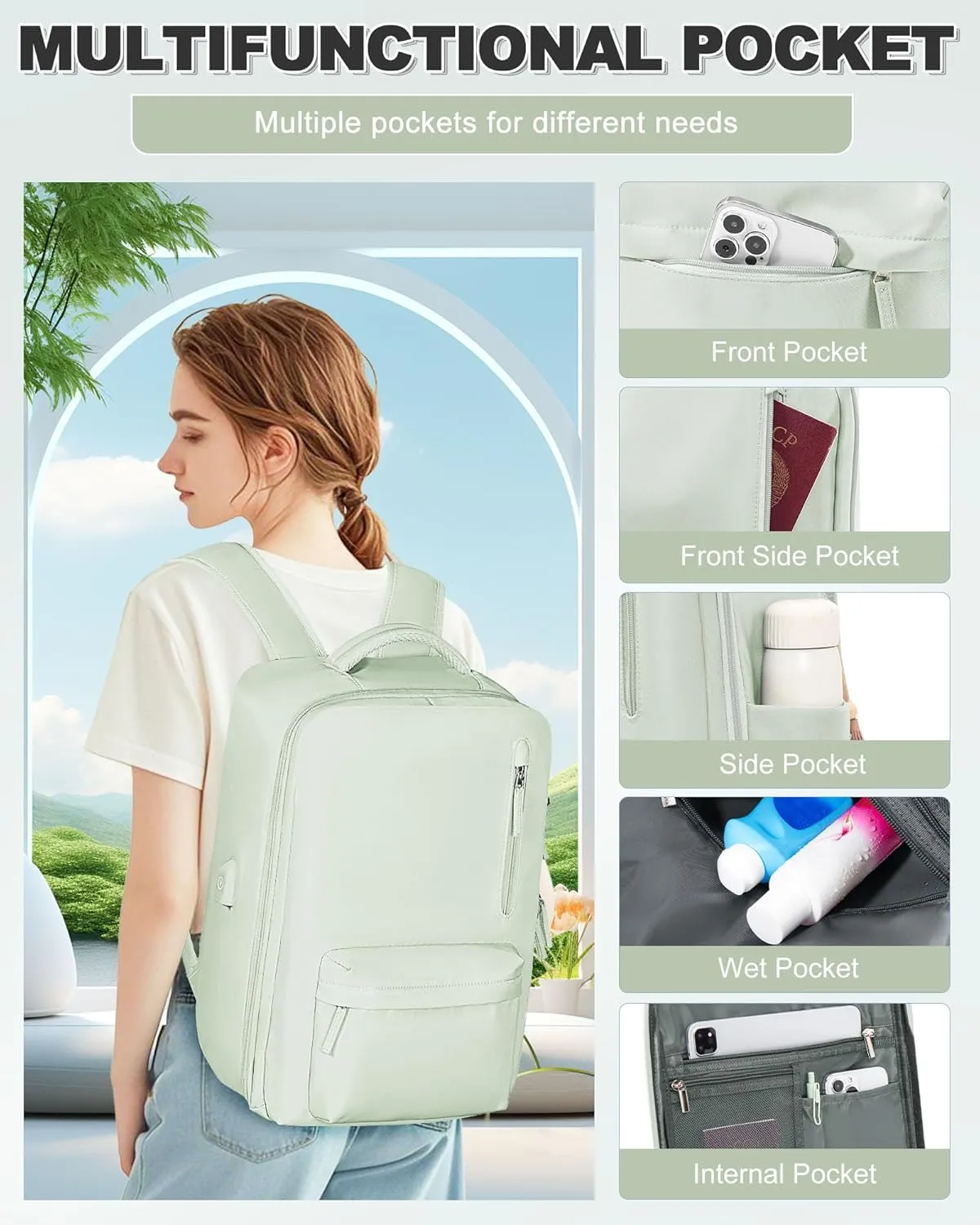 VGCUB Large Travel Backpack with Vacuum System Carry on Storage Compression Personal Item Bags with Electric Pump Work Business Vacpack College Airback lightweight Backpack for Women Men Mint green