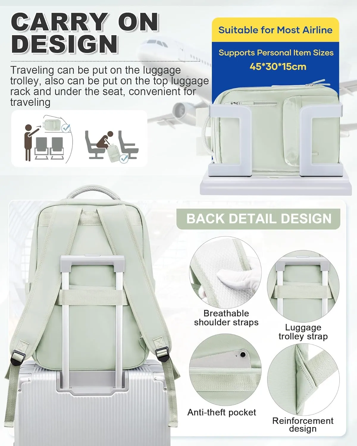 VGCUB Large Travel Backpack with Vacuum System Carry on Storage Compression Personal Item Bags with Electric Pump Work Business Vacpack College Airback lightweight Backpack for Women Men Mint green