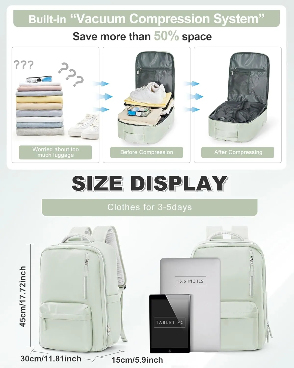 VGCUB Large Travel Backpack with Vacuum System Carry on Storage Compression Personal Item Bags with Electric Pump Work Business Vacpack College Airback lightweight Backpack for Women Men Mint green