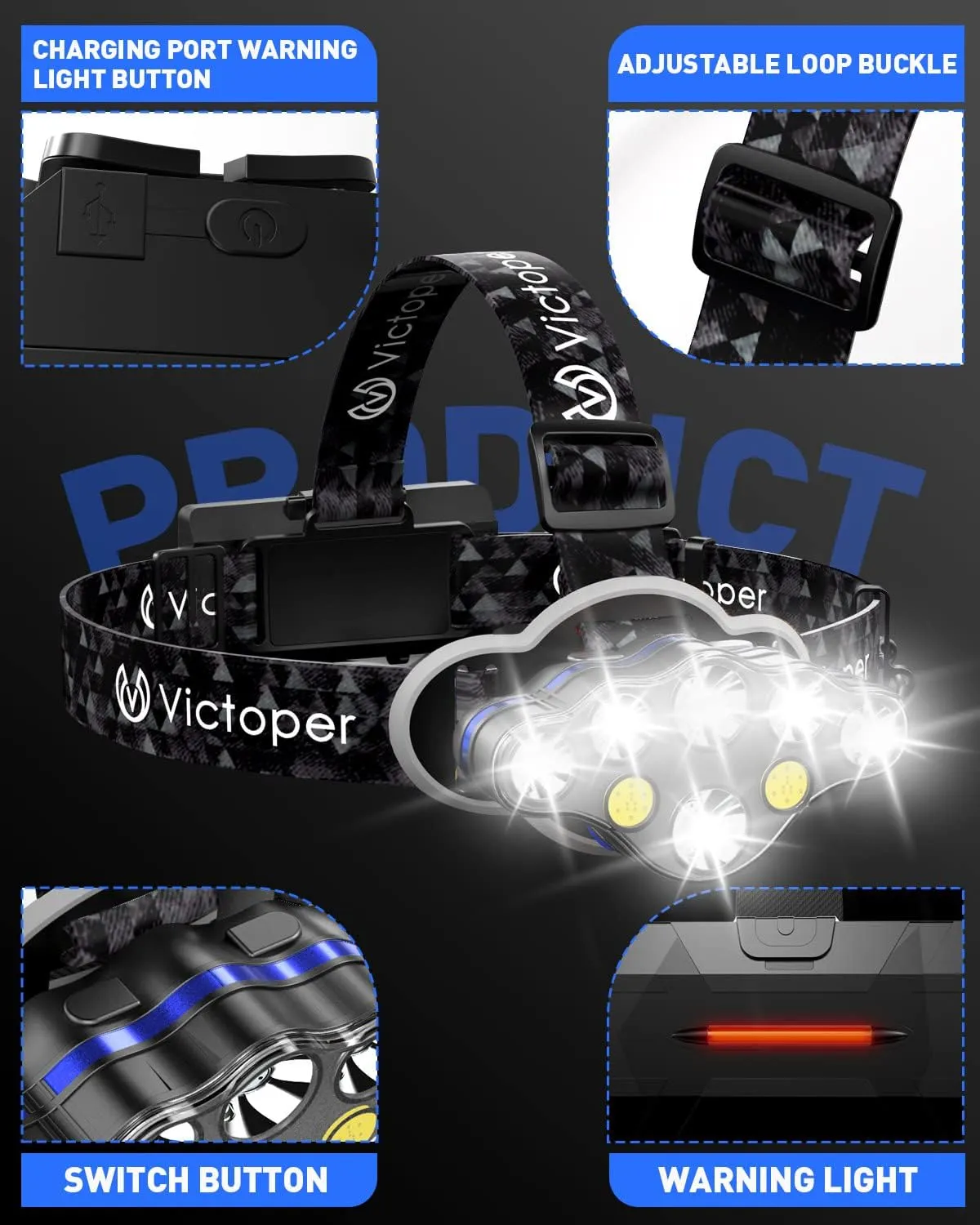 Victoper Rechargeable Headlamp 2 Pack, 8 LED High Lumen Bright Head Lamp with Red Light, Lightweight USB Head Light, 8 Mode Waterproof Head Flashlight for Outdoor Running Hunting Camping Gear, Black