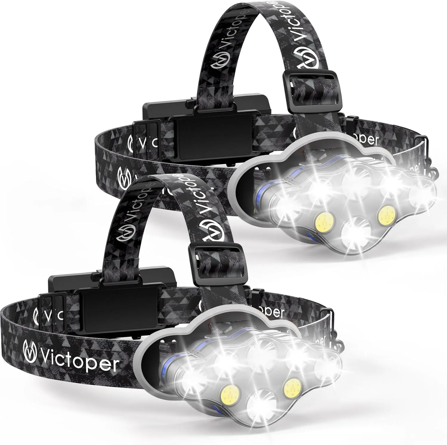 Victoper Rechargeable Headlamp 2 Pack, 8 LED High Lumen Bright Head Lamp with Red Light, Lightweight USB Head Light, 8 Mode Waterproof Head Flashlight for Outdoor Running Hunting Camping Gear, Black