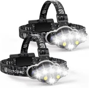 Victoper Rechargeable Headlamp 2 Pack, 8 LED High Lumen Bright Head Lamp with Red Light, Lightweight USB Head Light, 8 Mode Waterproof Head Flashlight for Outdoor Running Hunting Camping Gear, Black