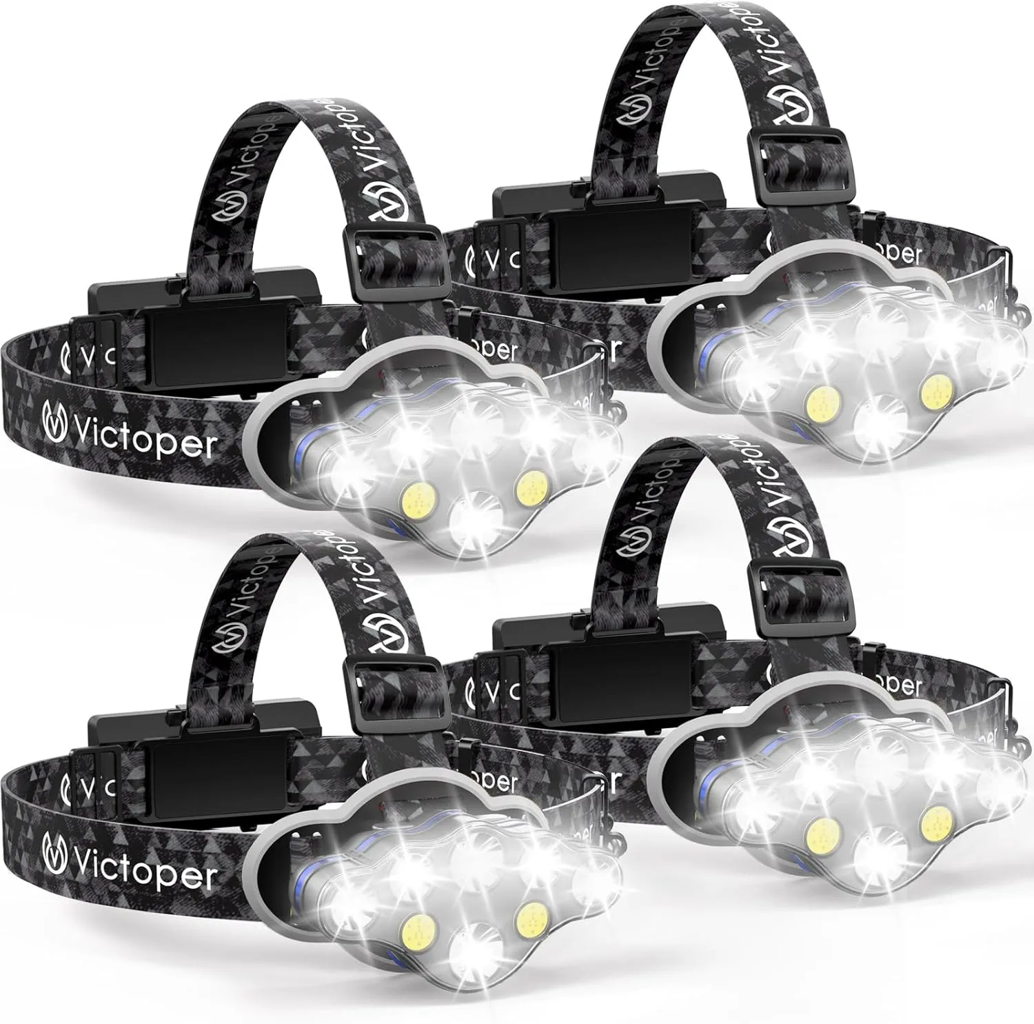 Victoper Rechargeable Headlamp 4 Pack, 8 LED High Lumen Bright Head Lamp with Red Light, Lightweight USB Head Light, 8 Mode Waterproof Head Flashlight for Outdoor Running Hunting Camping Gear, Black