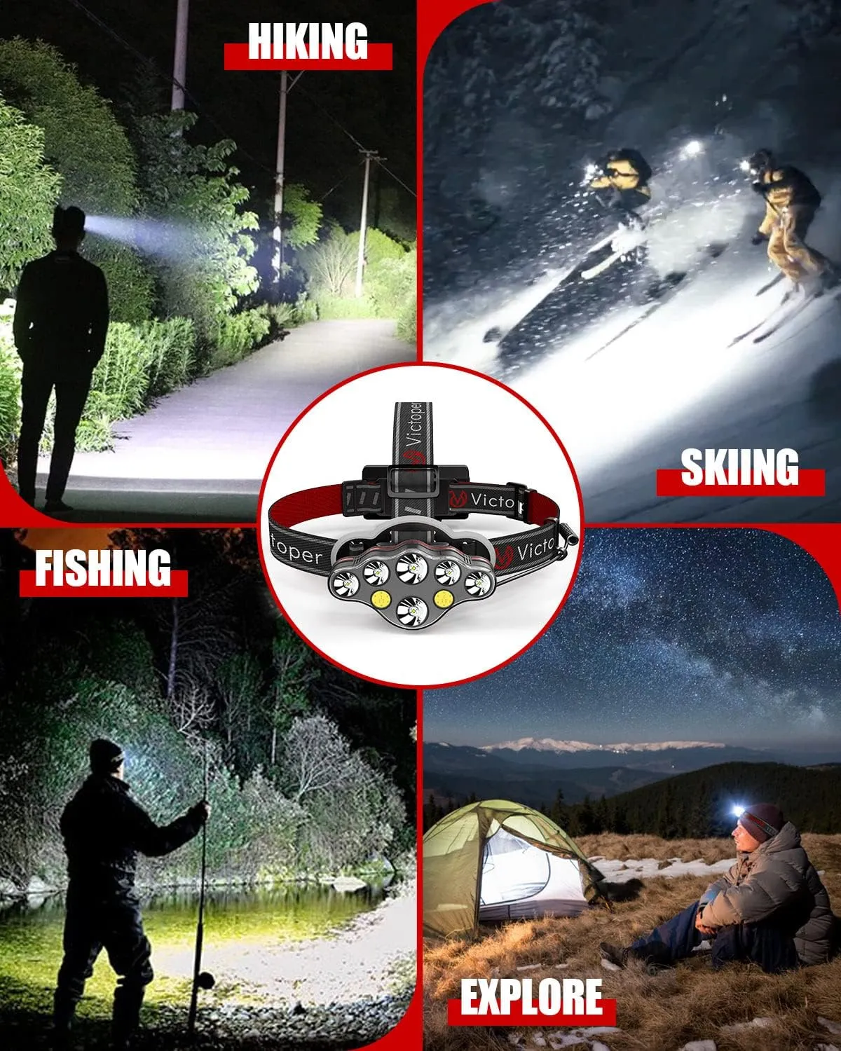 Victoper Rechargeable Headlamp 4 Pack, 8 LED High Lumen Bright Head Lamp with Red Light, Lightweight USB Head Light, 8 Mode Waterproof Head Flashlight for Outdoor Running Hunting Hiking Camping