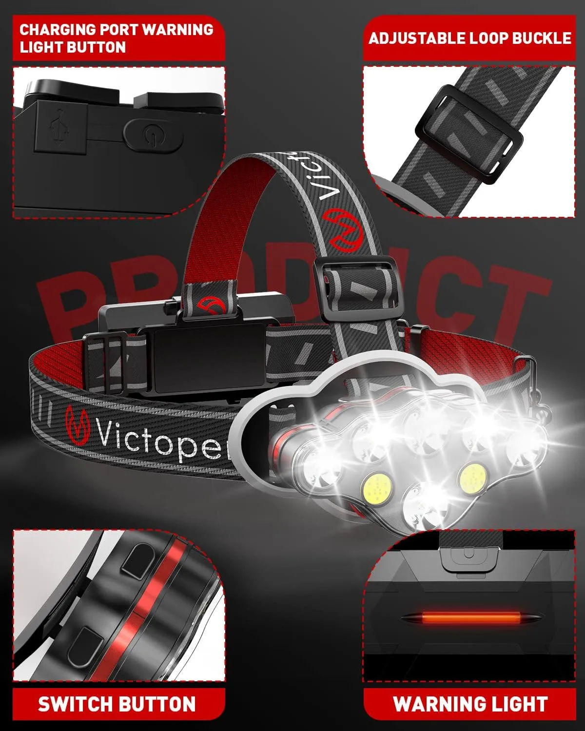 Victoper Rechargeable Headlamp 4 Pack, 8 LED High Lumen Bright Head Lamp with Red Light, Lightweight USB Head Light, 8 Mode Waterproof Head Flashlight for Outdoor Running Hunting Hiking Camping