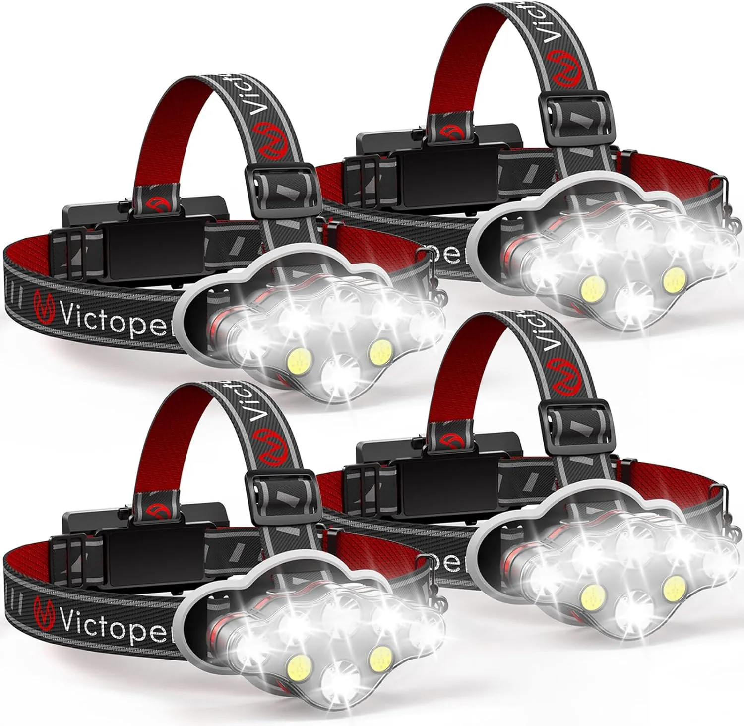 Victoper Rechargeable Headlamp 4 Pack, 8 LED High Lumen Bright Head Lamp with Red Light, Lightweight USB Head Light, 8 Mode Waterproof Head Flashlight for Outdoor Running Hunting Hiking Camping