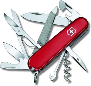 Victorinox Mountaineer Swiss Army Knife, 18 Function Swiss Army Knife with 2 Blades, Corkscrew, Scissor and Hook - Red