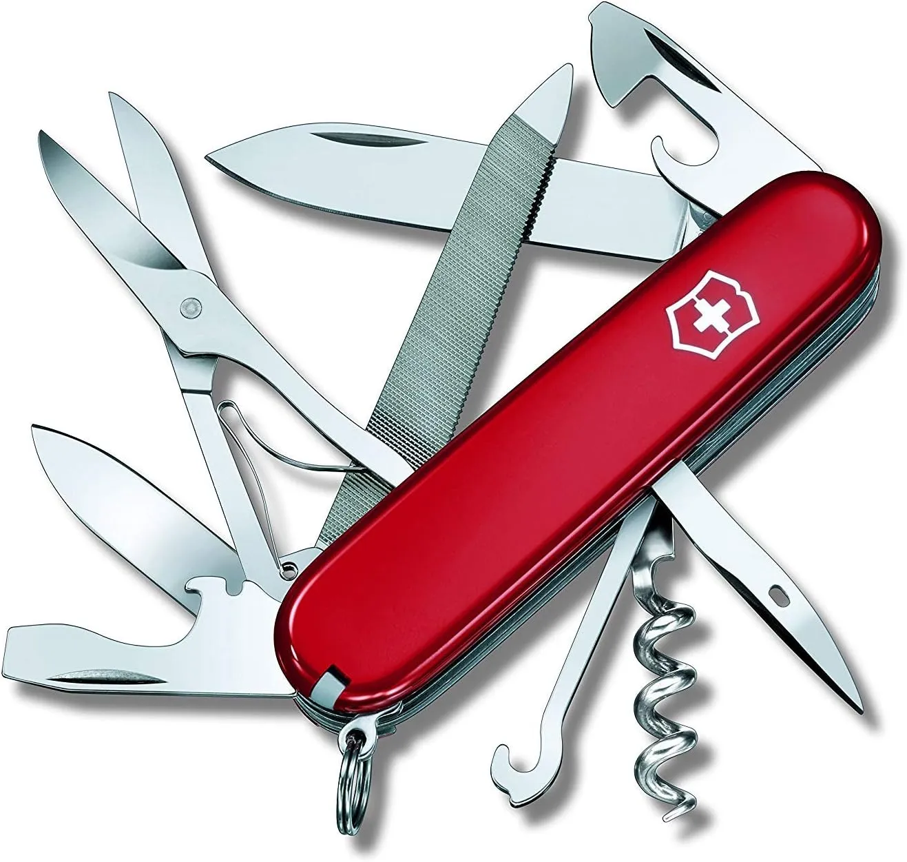 Victorinox Mountaineer Swiss Army Knife, 18 Function Swiss Army Knife with 2 Blades, Corkscrew, Scissor and Hook - Red