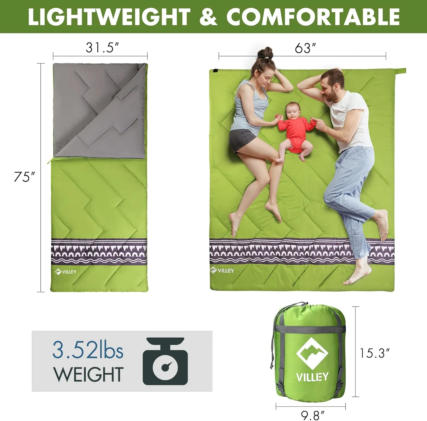 VILLEY Camping Sleeping Bag, Lightweight Backpacking Sleeping Bag with Compression Sack for Adults & Kids, Outdoor Camping Hiking Equipment for 3 Season Warm & Cool Weather - Summer, Spring, Fall