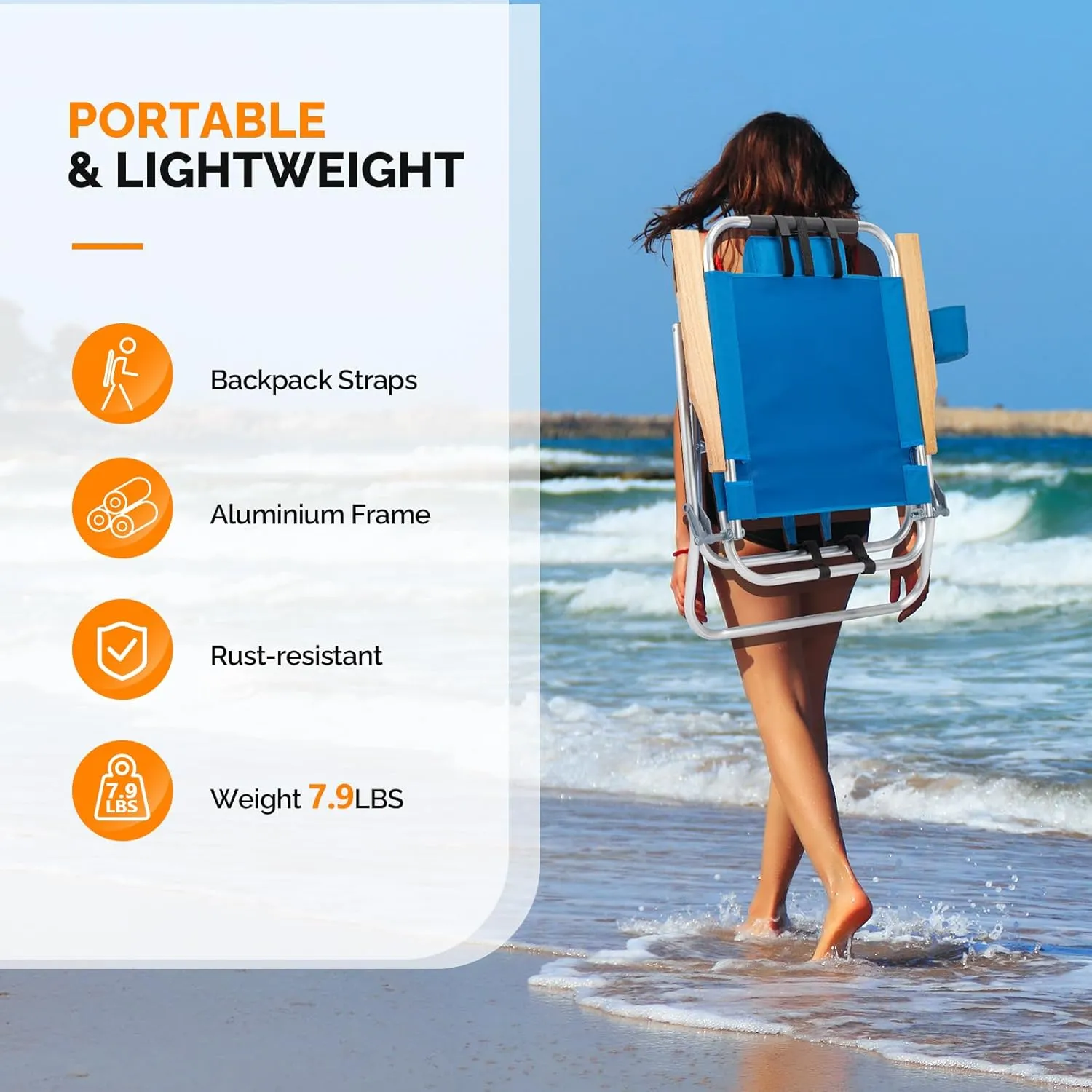 VINGLI Aluminum Backpack Beach Chair – Tall Beach Chairs for Adults, Portable with Adjustable Straps, 3-Position Reclining, Cup Holder, High Lightweight Beach Chairs for Beach (Blue, 17" High)