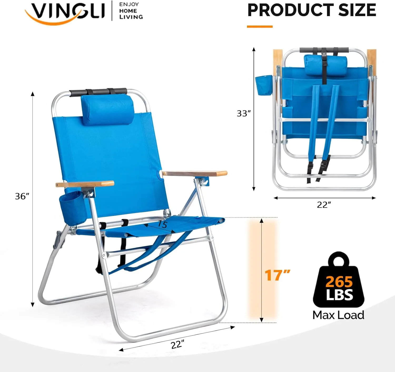 VINGLI Aluminum Backpack Beach Chair – Tall Beach Chairs for Adults, Portable with Adjustable Straps, 3-Position Reclining, Cup Holder, High Lightweight Beach Chairs for Beach (Blue, 17" High)
