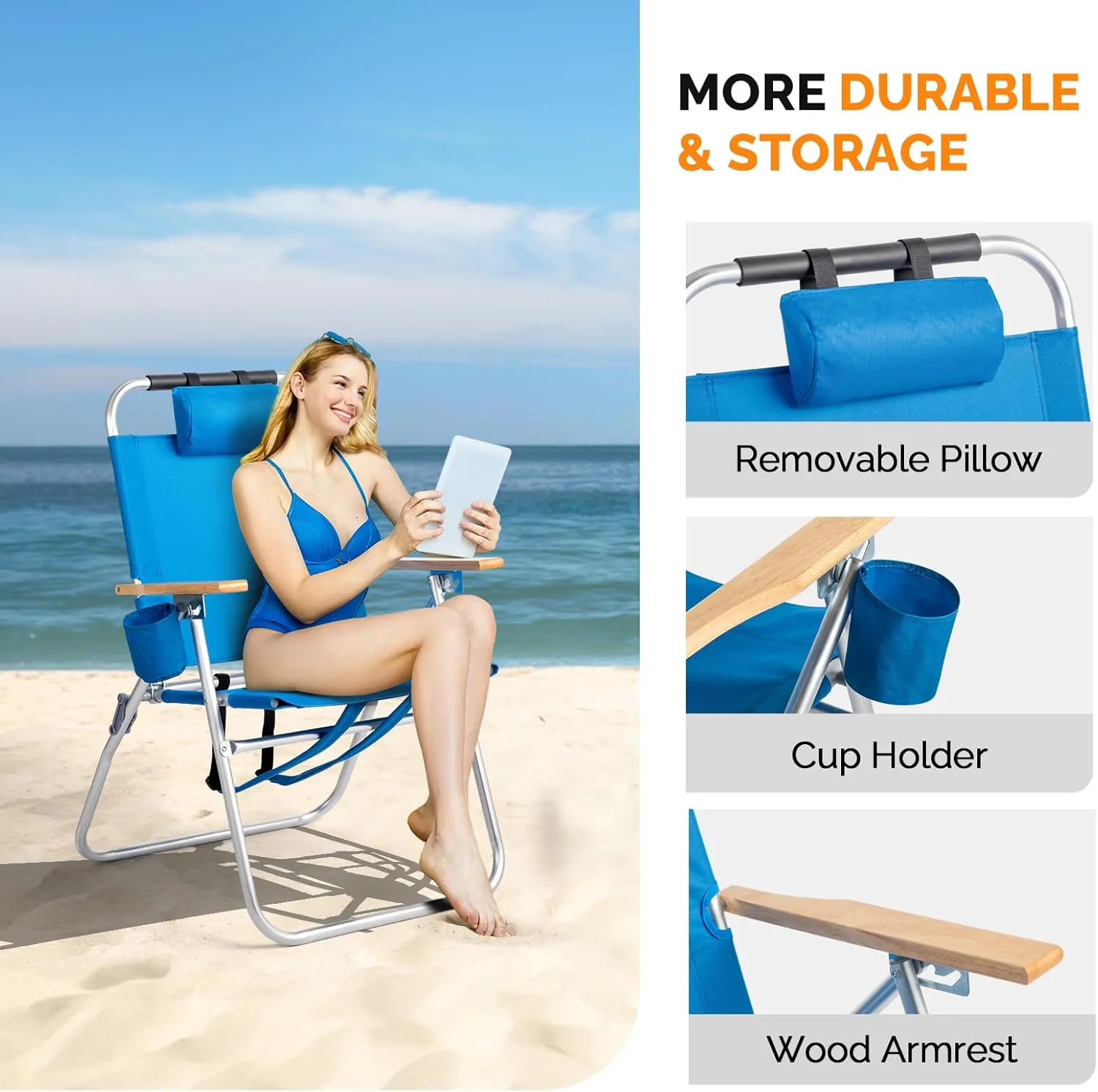 VINGLI Aluminum Backpack Beach Chair – Tall Beach Chairs for Adults, Portable with Adjustable Straps, 3-Position Reclining, Cup Holder, High Lightweight Beach Chairs for Beach (Blue, 17" High)