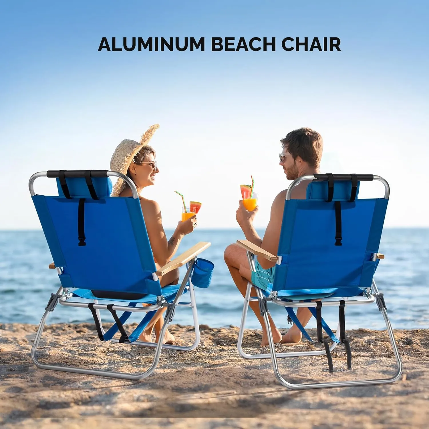 VINGLI Aluminum Backpack Beach Chair – Tall Beach Chairs for Adults, Portable with Adjustable Straps, 3-Position Reclining, Cup Holder, High Lightweight Beach Chairs for Beach (Blue, 17" High)