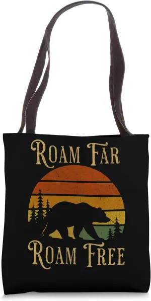 Vintage Bear Roam Far and Free Retro Sunset Forest Tote Bag
