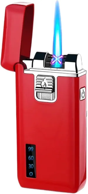 Vintage Metal Butane Torch Lighters, Double Arc Jet Flame Windproof, One-Touch Ignition, Adjustable Flame, Refillable Gas Portable Lighter for Candle Camping (Butane Not Included) Black(Red)