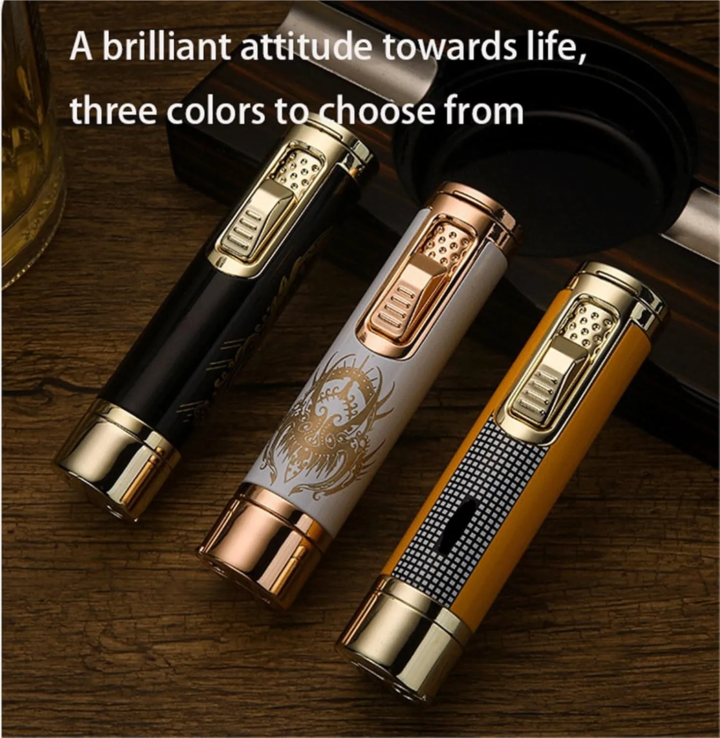 Vintage Metal Torch Butane Lighters, Windproof Jet Flame, 360 Degree Ignition, Retractable Flame Spout, Refillable Gas Portable Lighters (Fuel Not Included)(Gold)