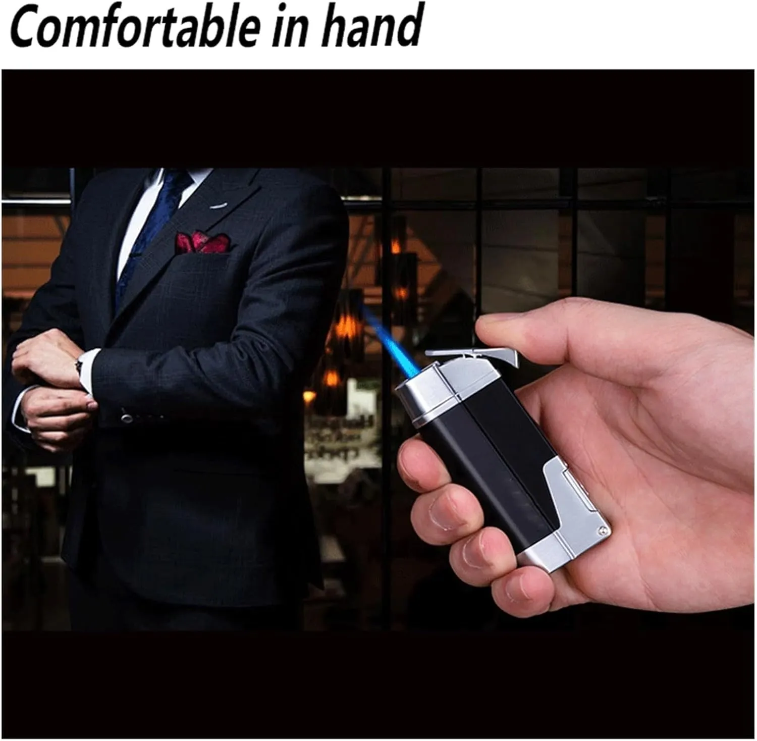 Vintage Metal Windproof Jet Flame Butane Lighter, Adjustable Flame, Refillable Gas Portable Lighter, Gift for Men (No Fuel Included)(Black)