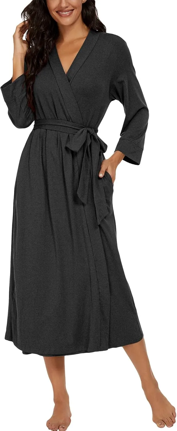 VINTATRE Women Kimono Robes Long Knit Bathrobe Lightweight Soft Knit Sleepwear V-neck Casual Ladies Loungewear