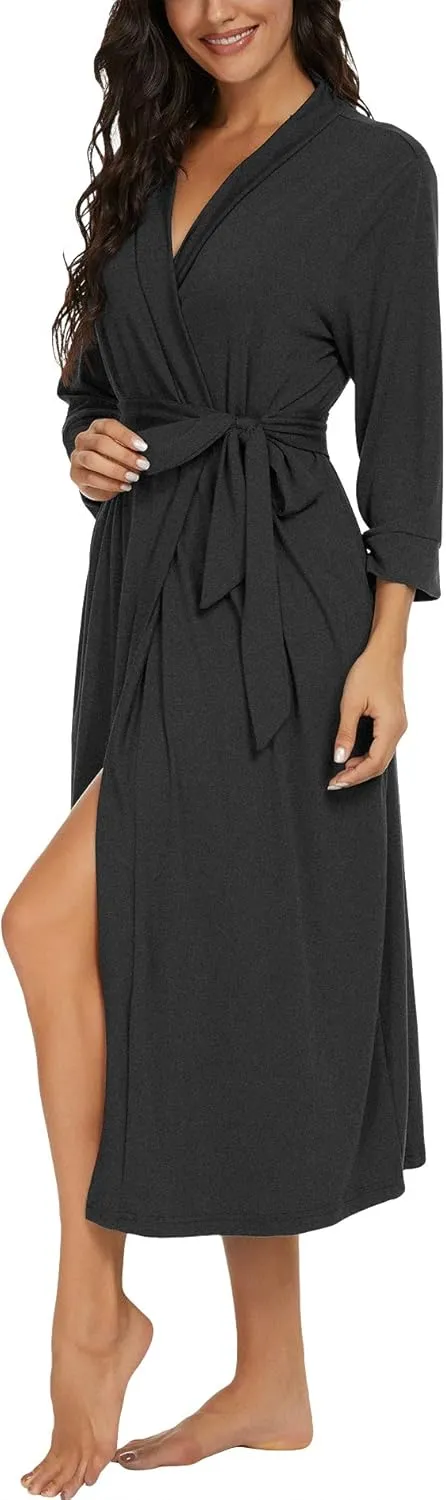 VINTATRE Women Kimono Robes Long Knit Bathrobe Lightweight Soft Knit Sleepwear V-neck Casual Ladies Loungewear