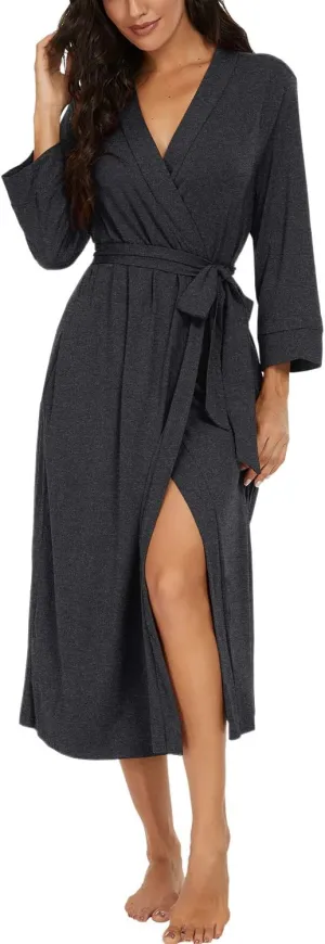 VINTATRE Women Kimono Robes Long Knit Bathrobe Lightweight Soft Knit Sleepwear V-neck Casual Ladies Loungewear
