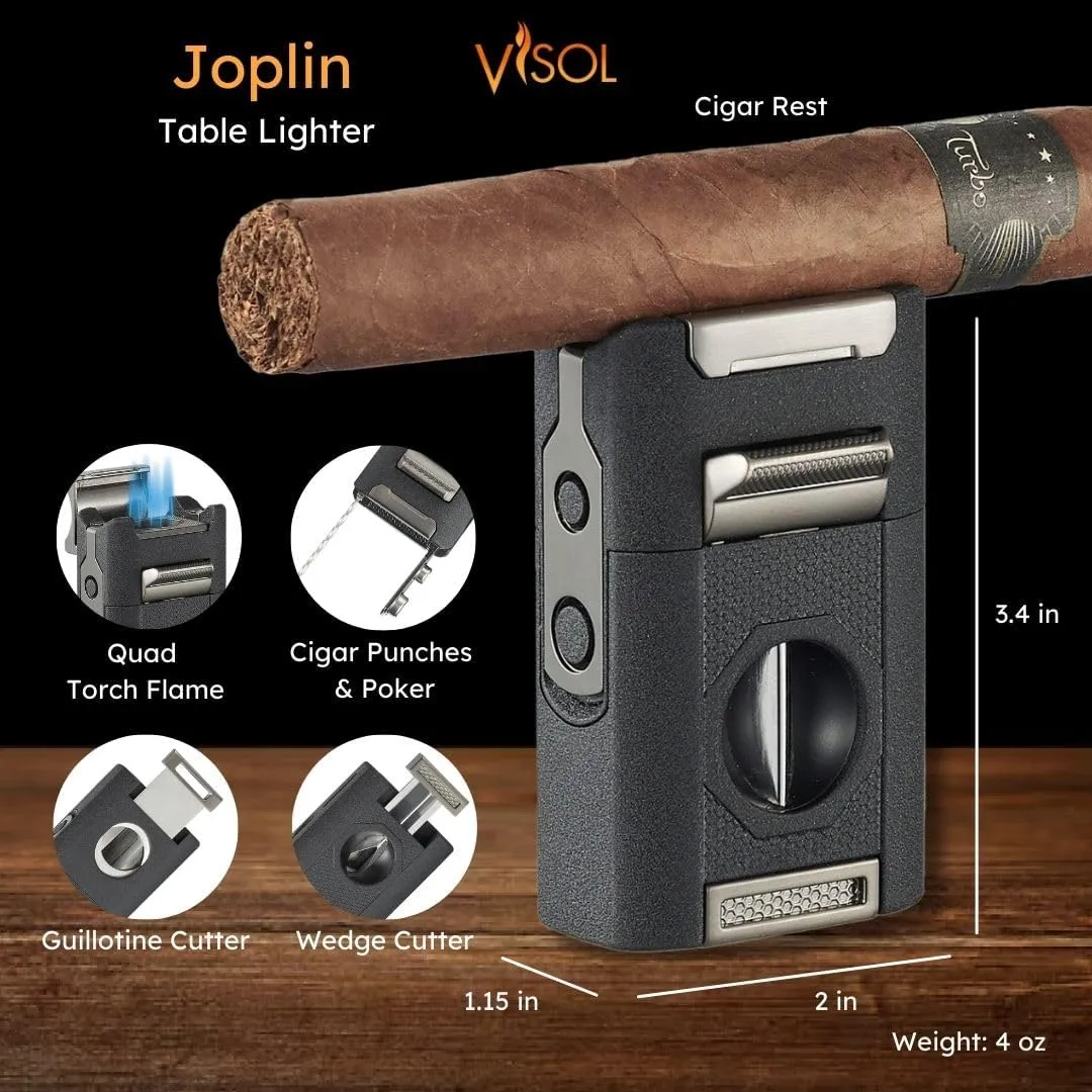 Visol Joplin Quad Torch Multi-Tool Table Lighter, Built in Guillotine and Wedge Cutters, Butane Refillable Adjustable Flame Lighter (Shipped Without Butane) (Black)