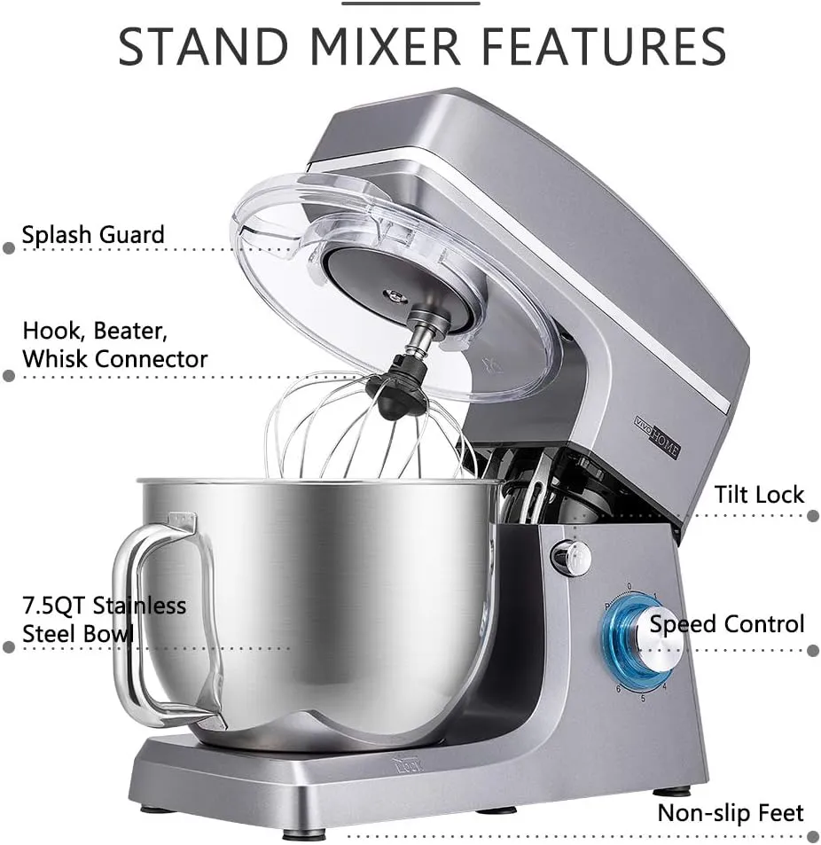 VIVOHOME 7.5 Quart Stand Mixer, 660W 6-Speed Tilt-Head Kitchen Electric Food Mixer with Beater, Dough Hook, Wire Whip, and Egg Separator, Iron Gray