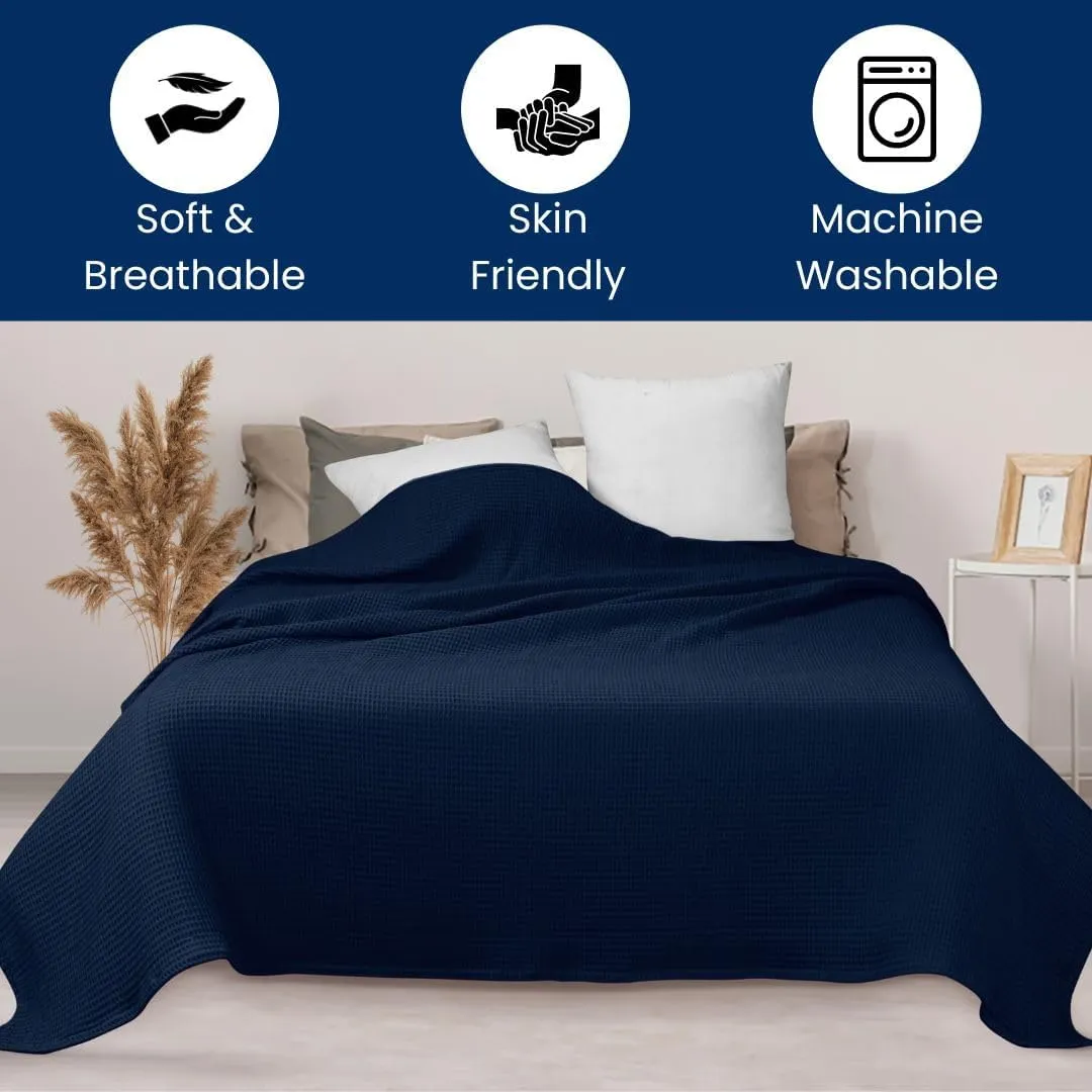 Waffle Blanket Prewashed 100% Combed Cotton - Soft Breathable Lightweight All-Season Blanket, Perfect for Bed, Couch, Sofa, or Layering - Cozy 90x90 Inch Queen Throw Blanket Navy Blue