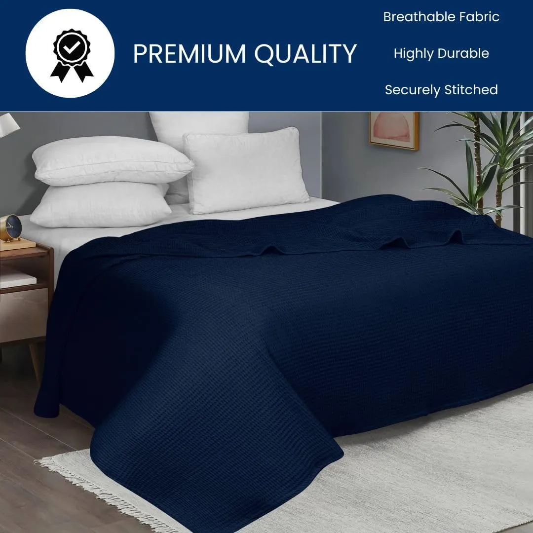Waffle Blanket Prewashed 100% Combed Cotton - Soft Breathable Lightweight All-Season Blanket, Perfect for Bed, Couch, Sofa, or Layering - Cozy 90x90 Inch Queen Throw Blanket Navy Blue