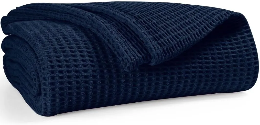 Waffle Blanket Prewashed 100% Combed Cotton - Soft Breathable Lightweight All-Season Blanket, Perfect for Bed, Couch, Sofa, or Layering - Cozy 90x90 Inch Queen Throw Blanket Navy Blue